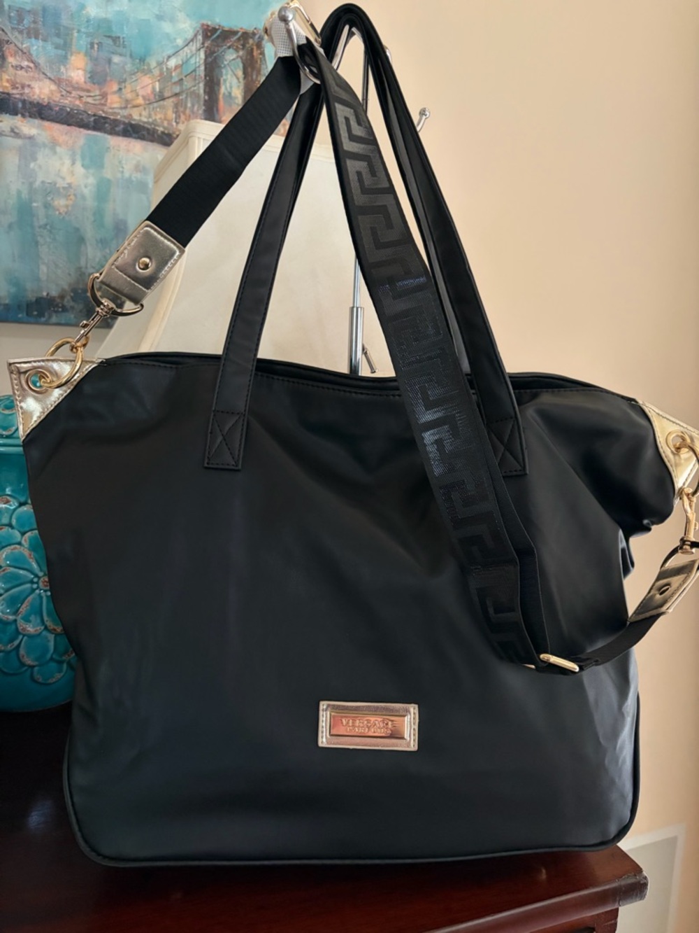 New Versace Parfums large top handle tote with logo crossbody strap